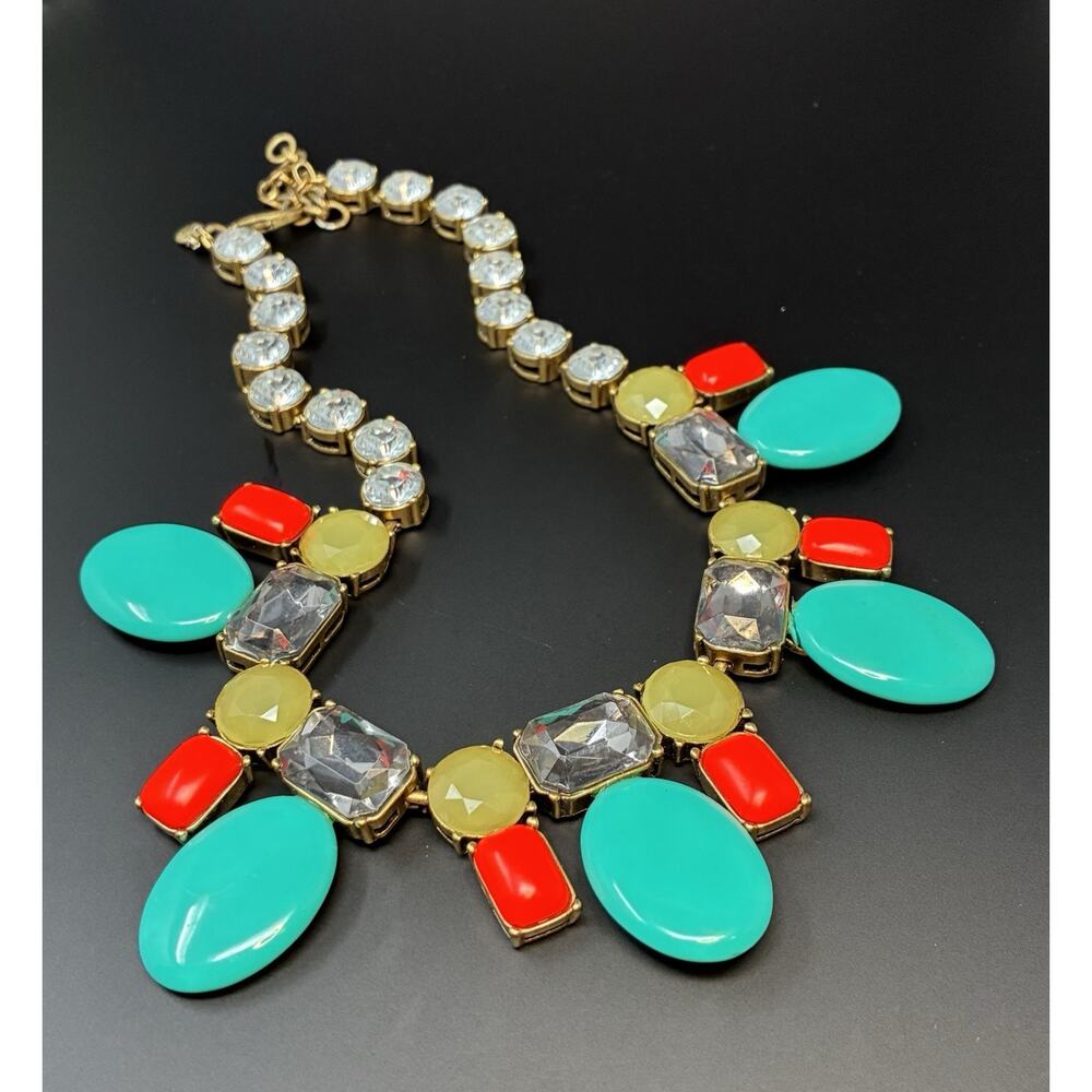 J. Crew Necklace Statement Bib coral Orange Teal Aqua Blue Bling Gold tone Chain